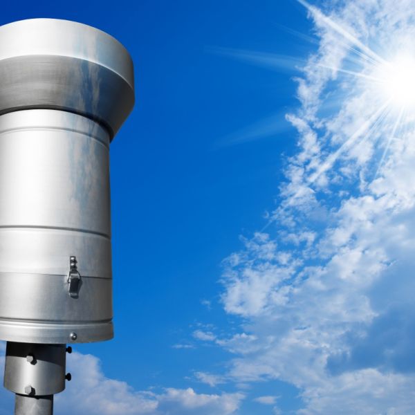 Wetterstation mit einem Regenmesser aus Metall vor einem blauen Himmel mit weissen Wolken von der sonne durchschienen.