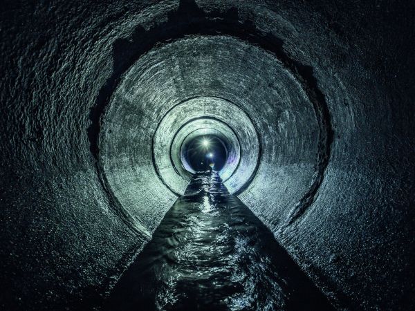 Kanalinspektion, Bagger erforscht unterirdischen Fluss, der in einem runden Abwassertunnel fließt