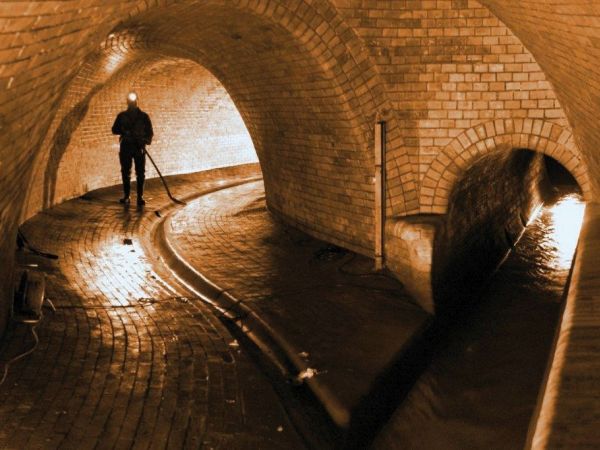 Ein Kanalarbeiter in Gummistiefeln und mit Stirnlampe reinigt mit einer Schaufel eine Rinne in der Kanalisation in der Nähe einer Einmündung eines kleineren Kanals. Eine Stromkabelrolle steht an der linken Wand und ist teilweise abgerollt.