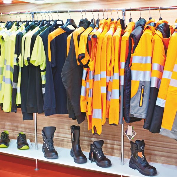Verschiedenste Arbeitsschutzkleidung hängt an einem Ständer