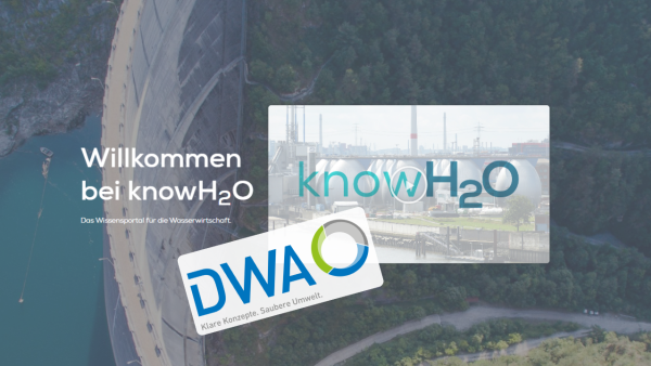 Talsperre von oben mit den Logos von DWA und knowH2O