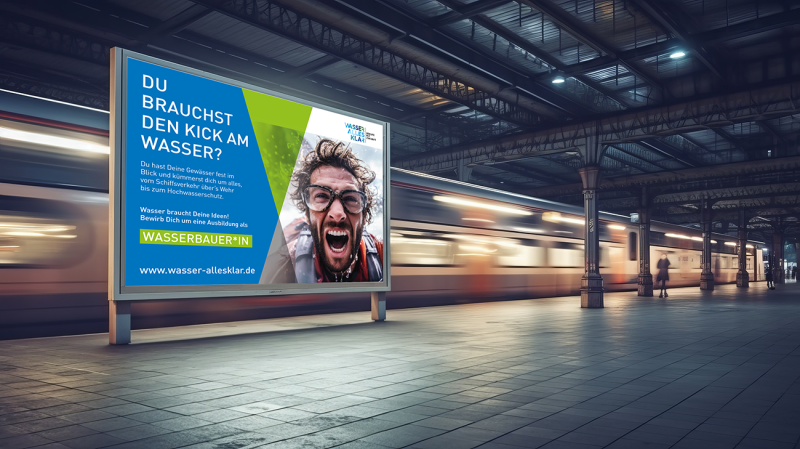 Werbeplakatwand für den Wasserbauer auf einem Bahnhof