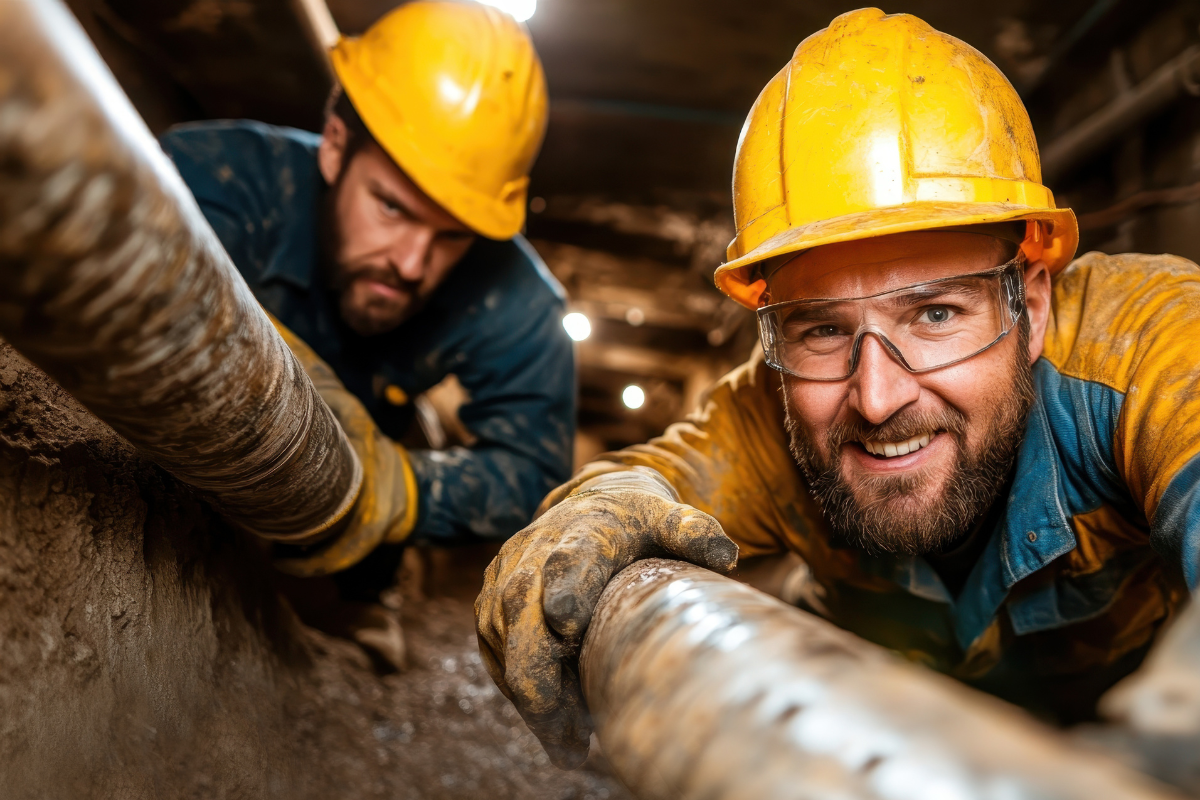 Zwei hart arbeitende Männer mit Helmen und Handschuhen lächeln in die Kamera, während sie an einer unterirdischen Pipeline arbeiten. Sie zeigen Engagement und Teamwork in einer schwierigen Umgebung. KI generiert