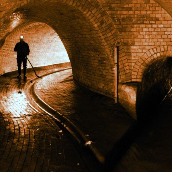 Person mit Stirnlampe in unterirdischer Kanalisation