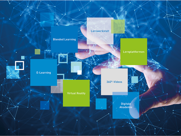 Hand im blauen digitalen Nebel greift nach Kästen mit digitalen Lernthemen