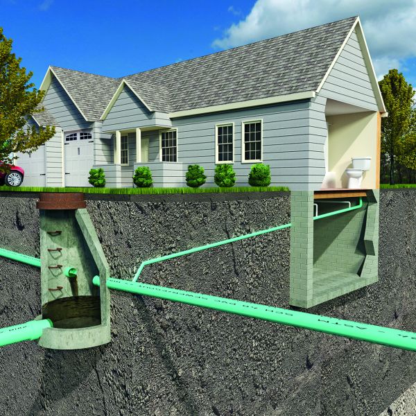 Eine schematische Illustration eines Hausentwässerungssystems in einem Wohnhaus mit Keller und Garten in Amerika