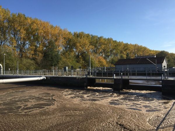 Becken mit Gebäuden auf einer Kläranlage mit braunem Schaum an der Oberfläche