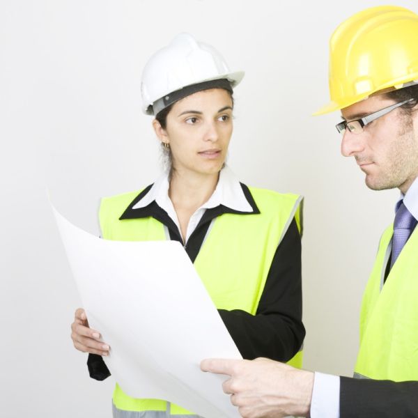 2 Architekten mit gelben Helmen mit Bauplan