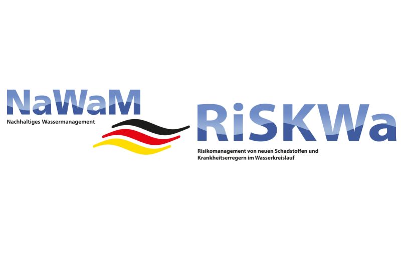 Logo links NaWaM Nachhaltiges Wassermangement Logo rechts RiSKWa Risikomanagment von neuen Schadstoffen und Krankheitserregern im Wasserkreislauf
