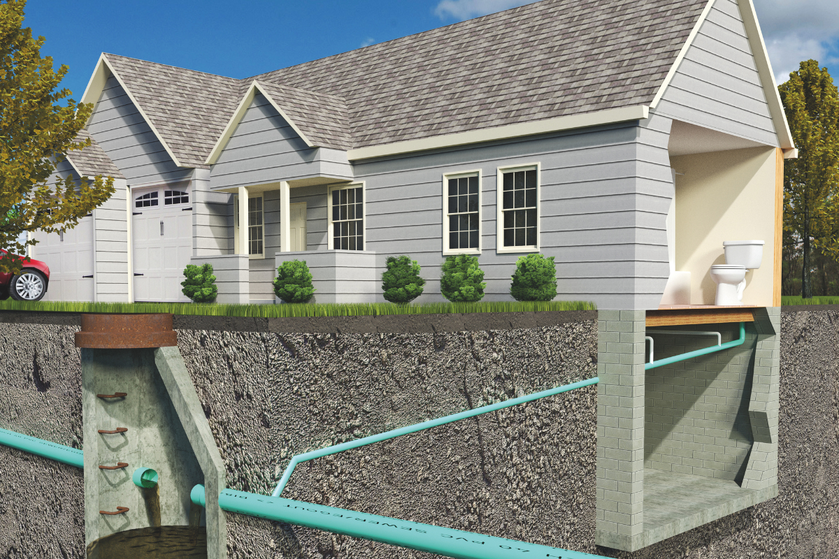 Eine schematische Ilustration eines Hausentwässerungssystems in einem Wohnhaus mit Keller und Garten in Amerika.