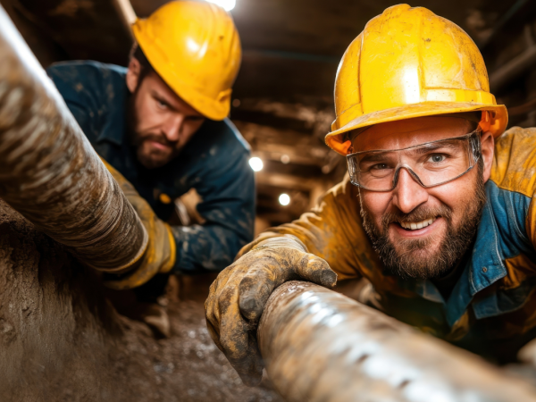 Zwei hart arbeitende Männer mit Helmen und Handschuhen lächeln in die Kamera, während sie an einer unterirdischen Pipeline arbeiten. Sie zeigen Engagement und Teamwork in einer schwierigen Umgebung. KI generiert