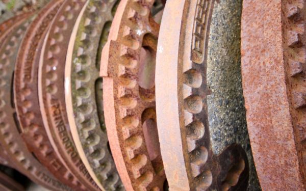 viele Kanaldeckel hintereinander in Reihe aufgestellt